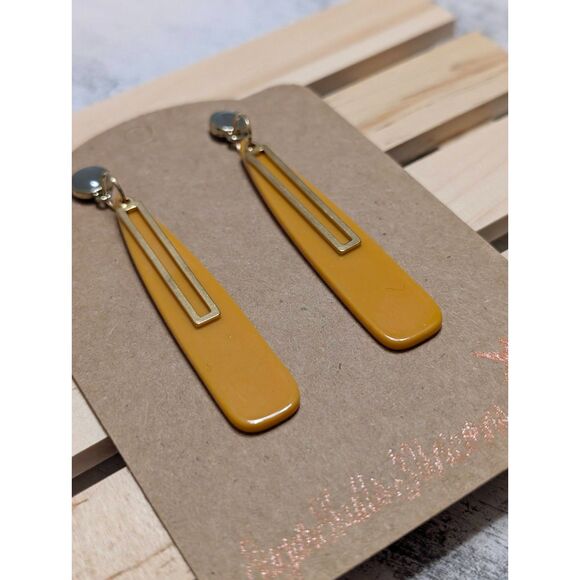 Retro Mustard Yellow & Gold Drop Earrings - Picture 4 of 8